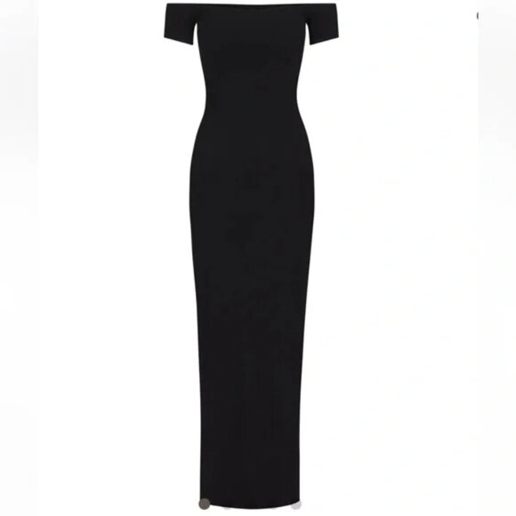 Skims Soft Lounge Ribbed Off Shoulder Black Dress S Long Maxi - Picture 4 of 6